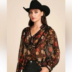 JOHNNY WAS JADE SILK FLORAL PRINT SHEER SMALL